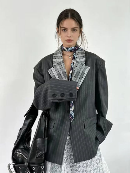 Women's Dark Grey Striped Blazer Jacket Y2k 2000s Vintage Suit Coat Fashion Casual Long Sleeve V-Neck Oversize Outerwear Autumn