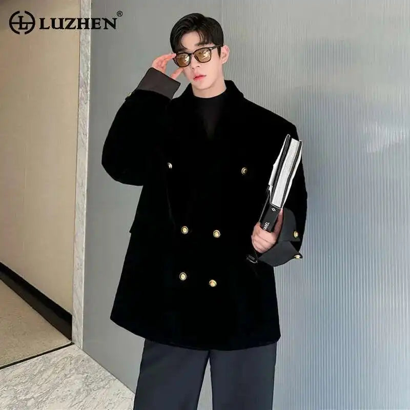 Double Breasted Korean High Quality Blazer Original Elegant Temperament Casual Male Suit Jackets Velvet New Coats LZ7346
