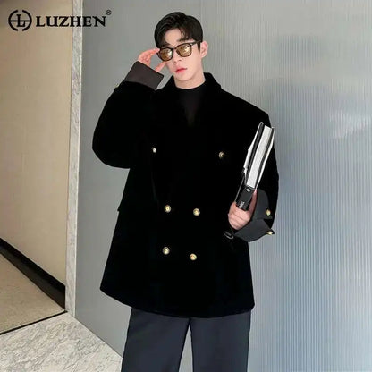 Double Breasted Korean High Quality Blazer Original Elegant Temperament Casual Male Suit Jackets Velvet New Coats LZ7346