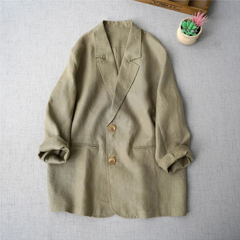 Elegant Long Sleeve Women's Linen Suit Jacket Thin Outerwear New Spring Fashion Ladies' Classic Versatile Pure Cotton Blend