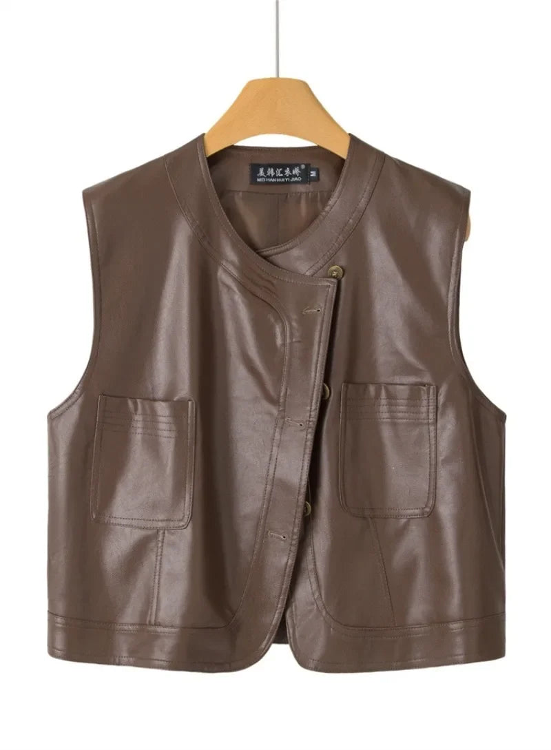 Pu Leather Vest Women Short Sleeveless Jacket 2026 Autumn New Solid Single-breasted Female Imitation Leather Waistcoat Outerwear
