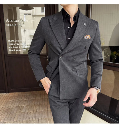 (Blazer + Trousers) Fashion Double Breasted Design Slim Men's Suit Italian Style Luxury Wedding Social Party Tuxedo 2 Piece Set