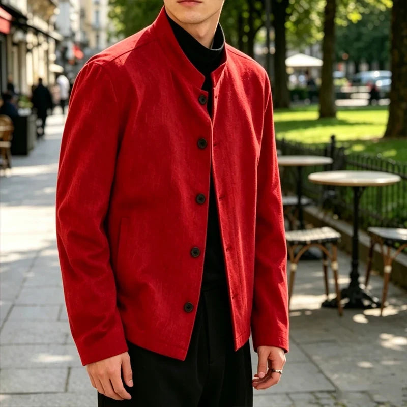 Men's Linen Blazer Stand Collar Slim Fit Suit Jacket Lightweight Breathable Soft Business Casual Daily Sport Coat for Spring