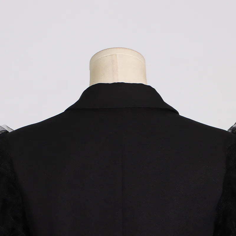 Spring Autumn New Women Blazer Notched Collar Single Button Patchwork Pleated Mesh Long Sleeve Elegant Fashion Coat HK18270