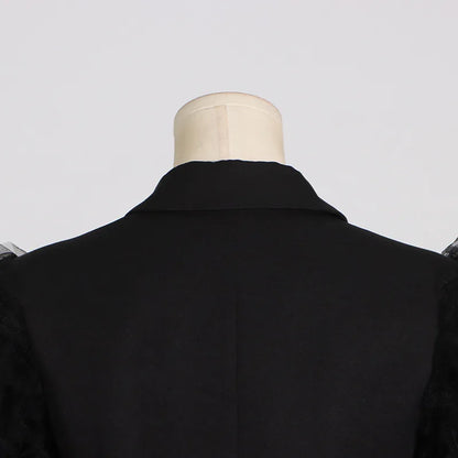Spring Autumn New Women Blazer Notched Collar Single Button Patchwork Pleated Mesh Long Sleeve Elegant Fashion Coat HK18270