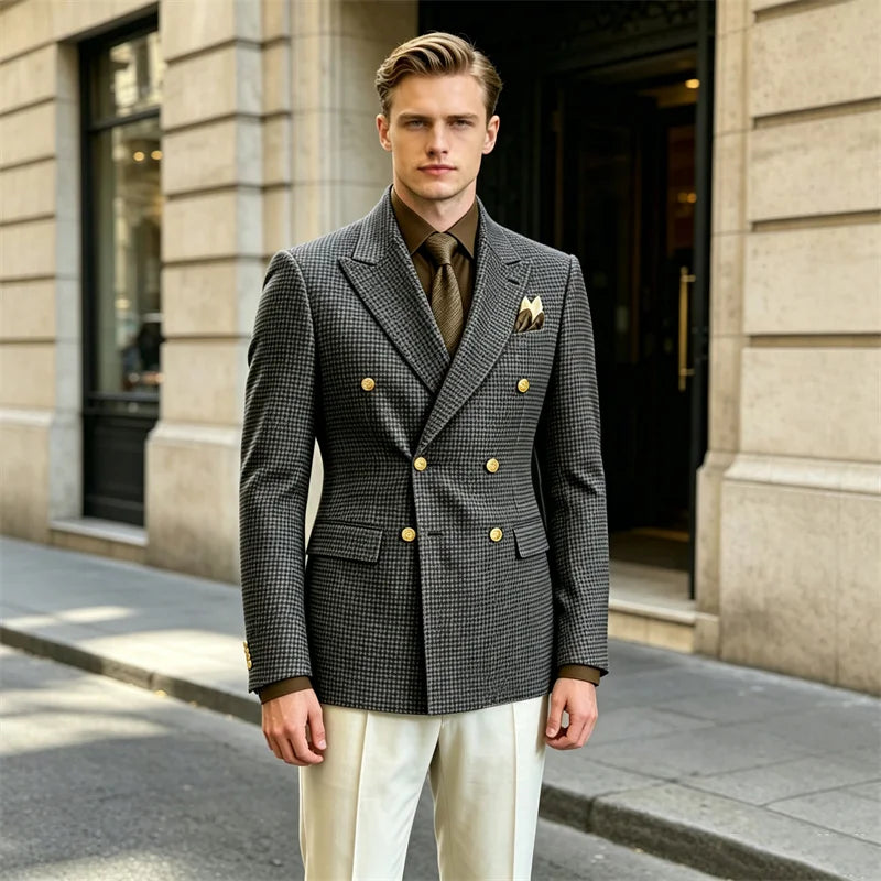 Men's Houndstooth Double Breasted Blazer Vintage Slim Jacket  Fit Formal Business Wedding Party Coat For Men Autumn Winter
