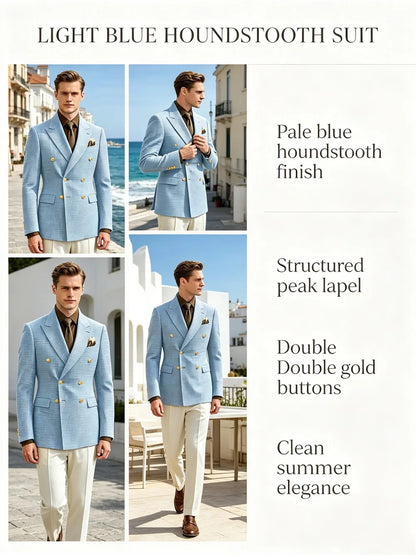 Men's Houndstooth Double Breasted Blazer Vintage Slim Jacket  Fit Formal Business Wedding Party Coat For Men Autumn Winter