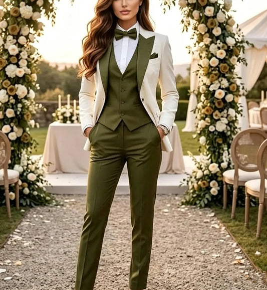 Women's Tuxedo Party Wear Designer Suits Three Piece Bridesmaid Olive Green & White Blazer (Jacket+Vest+Pants) Tailor Made