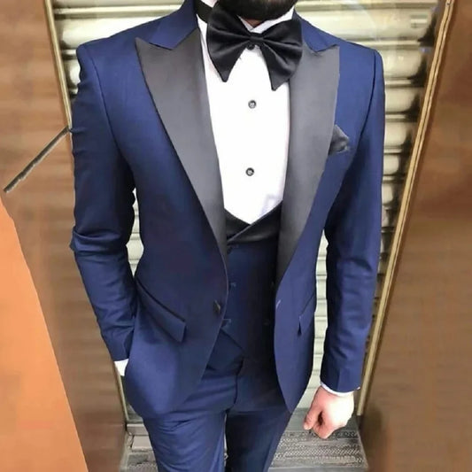 Navy Blue Formal Men Suits Sim Fit for Wedding 3 Pieces Groom Tuxedo Smoking Jacket Vest with Pants Peak Lapel Custom suits