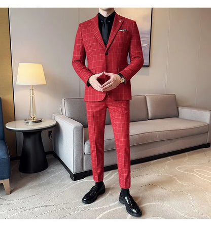 Men's 3-Piece Slim Fit Plaid Suit – Jacket, Vest & Pants for Weddings, Office & Formal Occasions