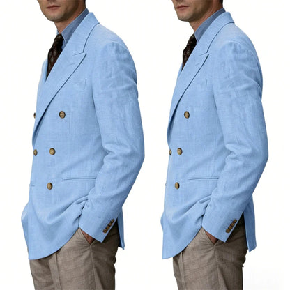 Men Linen Blazer Double Breasted Jacket Lightweight Soft Slim Coat For Business Wedding Casual Daily Party Vacation Dating