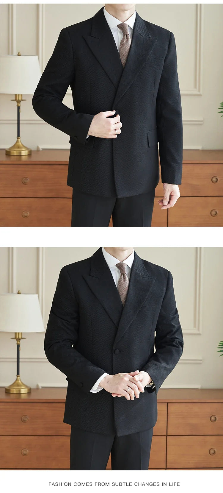 Herringbone Pattern Fabric Suit Jacket Men Autumn Winter Casual Business Dress Coat Wedding Groom Banquet Party Blazer Masculino