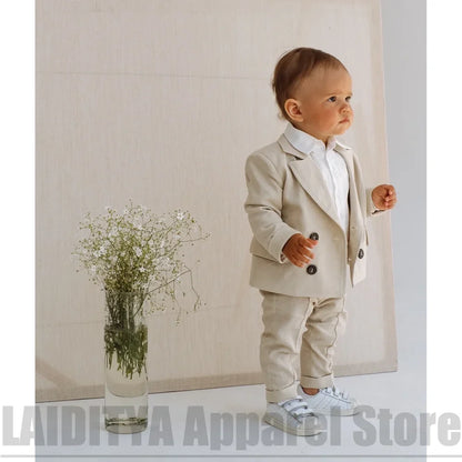 Boys Linen Double Breasted Suit Jacket Pants Baby Formal Outfit Fashion Ring Bearer Wedding Birthday Party Tuxedo 2 Piece