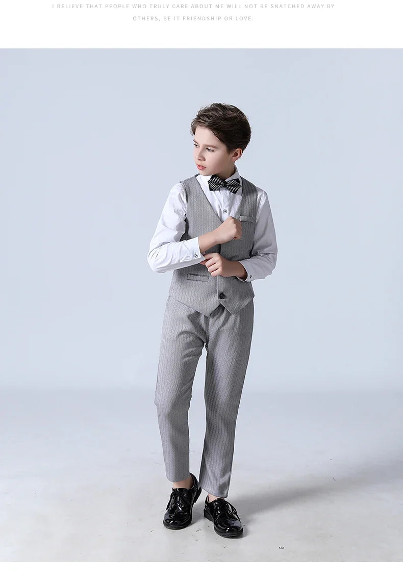 Big Teenager Tuxedo Dress Children Dance Costume Flower Boy Wedding Suit Kids Formal Jacket Vest Pants 3PCS Party Photograph Set