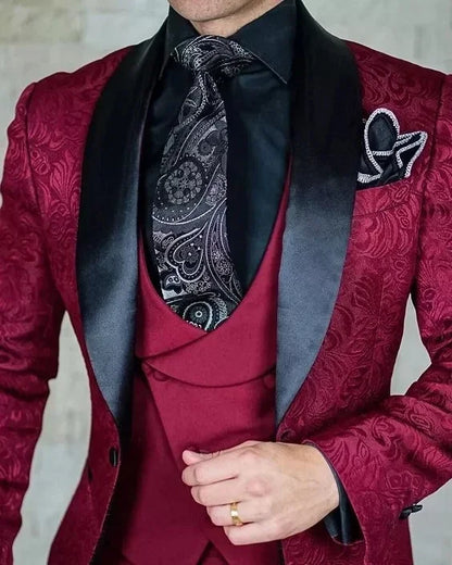Burgundy Wedding Men Suits Slim Fit Tuxedo 3 Pieces Suit Groom Prom Jacquard Blazer Terno Masculino Suit