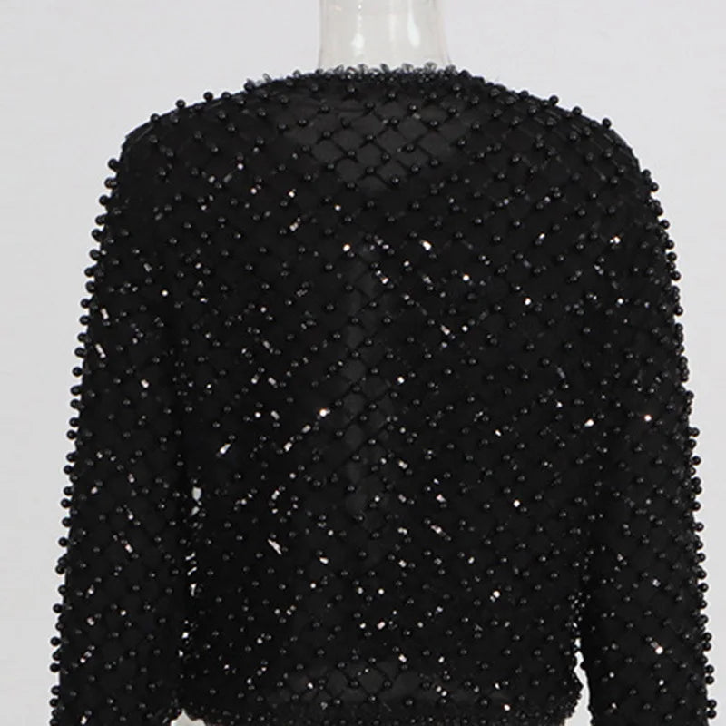 High Street Embroidered Flares Patchwork Mesh Jacket Long-sleeved O-Neck Slim-fit Pearl Jackets 2026 Women Coat 2026 New