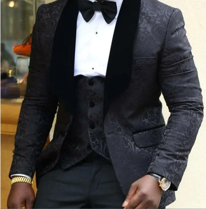Trajes De Hombre Coat Pants Suits For Men Black Floral Peaked Lapel  Formal Dress Tuxedo Groom Wedding Suits For Men