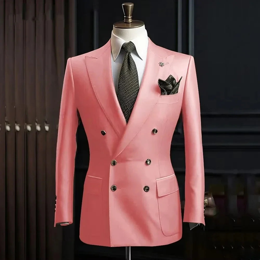 Solid Blazer for Men Peak Lapel Double Breasted Dinner Jacket Elegant Smoking Slim Fit Suit Coat for Wedding/Business Banquet