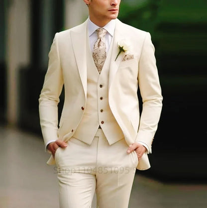 Elegant Gray Men's Suit Slim Fit Fashion Wedding Tuxedo 3 Piece Two Buttons Peak Lapel Blazer Vest Pants for Party Homme Costume