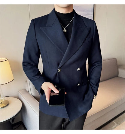 Autumn Winter Thickened Woolen Suit Jacket Men Double-breasted Casual Business Blazers Slim Fit Wedding Social Dress Coat M-4XL