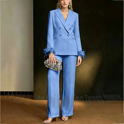 Luxury White Feather Women's Suit Elegant Classic Double Breasted Jacket Pants Formal Evening Party Wedding Guest Outfit