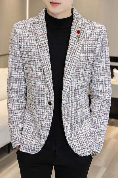Korean Fashion Woven Suit Jacket for Men Autumn Slim Fit Casual Men Blazers Street Wear Social Business Dress Coats Men Clothing