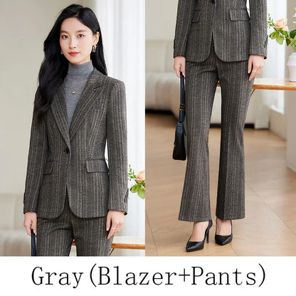 Gray Coffee Striped Ladies Formal Pant Suit Set Women Female Business Work Wear Long Sleeve 2 Piece Blazer Jacket And Trouser
