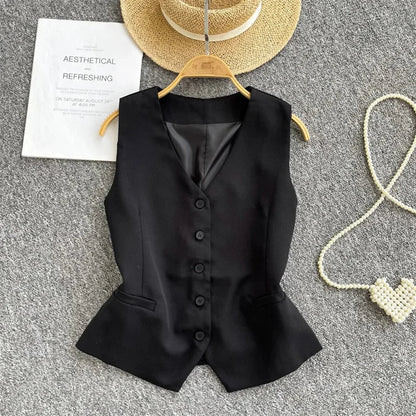 Summer Women V-neck Suit Sleeveless Jacket Femme Casual Short Waistcoat Top Korean Ladies Fashion Solid Color Cardigan Vest Coat