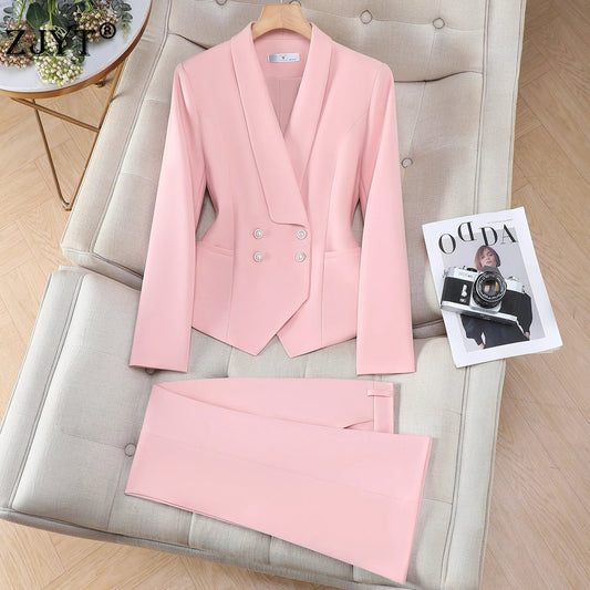 Elegant Chic Double Breasted Blazer Suit with Pants 2 Piece Matching Sets Autumn Womens Outfit Formal Business Office Suits