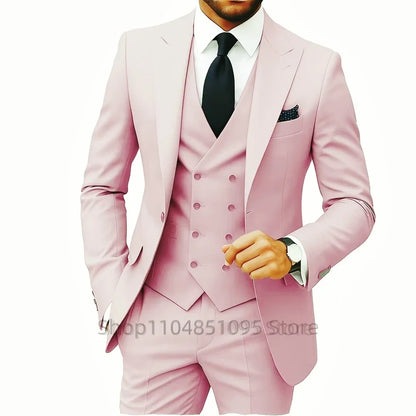 Solid Color Fashion Men Formal Business Suits Wedding Suit Slim Fit Groom Tuxedos 3 Pcs Set Dress Peak Lapel Blazer Vest Pants