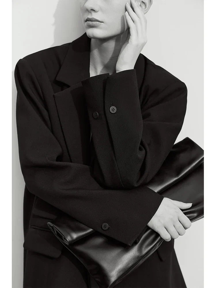Blazers For Women 2026 Autumn New Black Jacket Notched Double Buckle Loose Mid-length Office Lady Versatile Jackets12453040