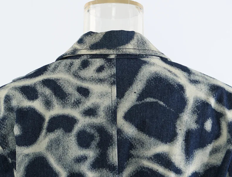2026 Spring Autumn New Women's Blazer Tie-dye Single Button Pockets Waist Cinching Elegant Coats Retro Denim Jacket HK18495