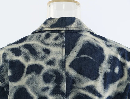 2026 Spring Autumn New Women's Blazer Tie-dye Single Button Pockets Waist Cinching Elegant Coats Retro Denim Jacket HK18495