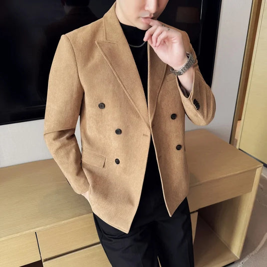 2026 Spring Autumn Double Breasted Suit Jacket Men Corduroy Casual Versatile Suit Jackets Social Business Office Men Blazers