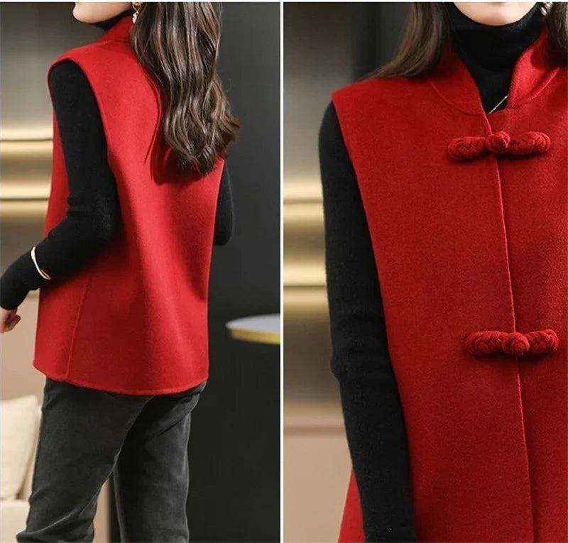 Woolen Vest Women's Standing Neck Button Chinese Style Loose Versatile Thin Wool Vest Outerwear Coat Sleeveless Jacket For Women