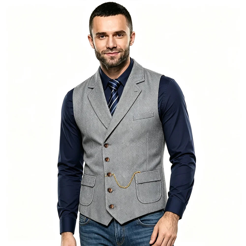 Men's Waistcoat Herringbone Single Breasted Notch Lapel Slim Fit Vest for Wedding & Business