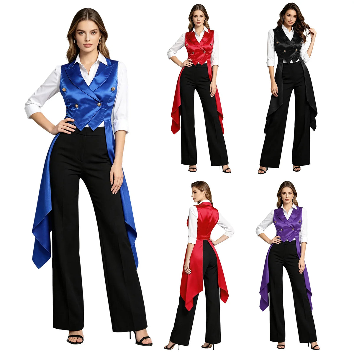 Women Renaissance Victorian Waistcoat Sleeveless Satin Tailcoat Lapel Collar Irregular Hem Vest Top for Halloween Masquerade
