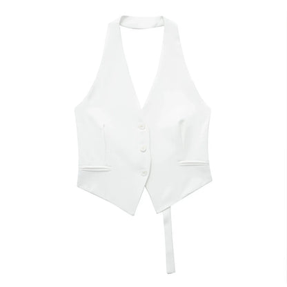 Halter Formal Vests Woman Off Shoulder Women's Suit Vest Backless Black White Short Vest Casual Cropped Sleeveless Vest