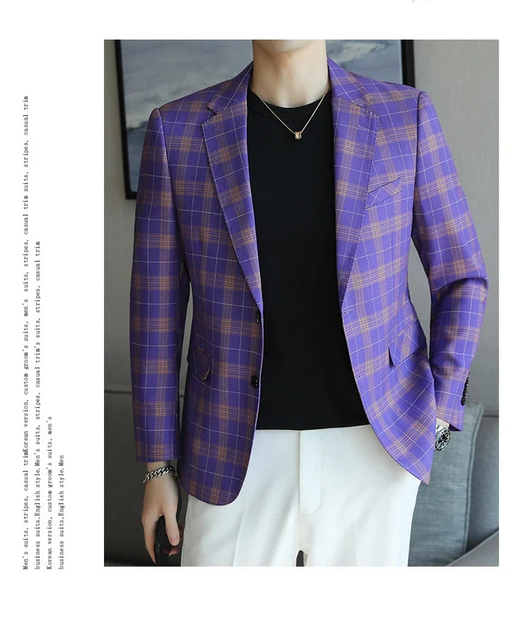 Checkered Suit Jacket for Men Single Breasted Casual Business Blazers Slim Fit Social Office Banquet Host Wedding Dress Jackets