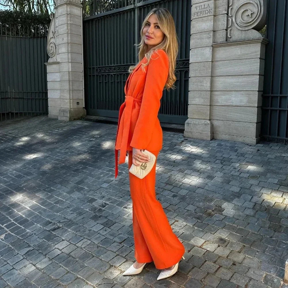 Elegant Shawl Lapel Women Suits Two Piece Summer Long Sleeves No Buttons Tuxedo Slim Casual Daily Pants Sets (Blazer+Pants)