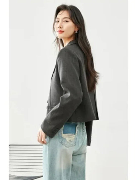 Women Cropped Blazer Jacket 2026 Autumn Solid Elegant Office Business Tailored Coats Notched Collar Female Outerwear M513
