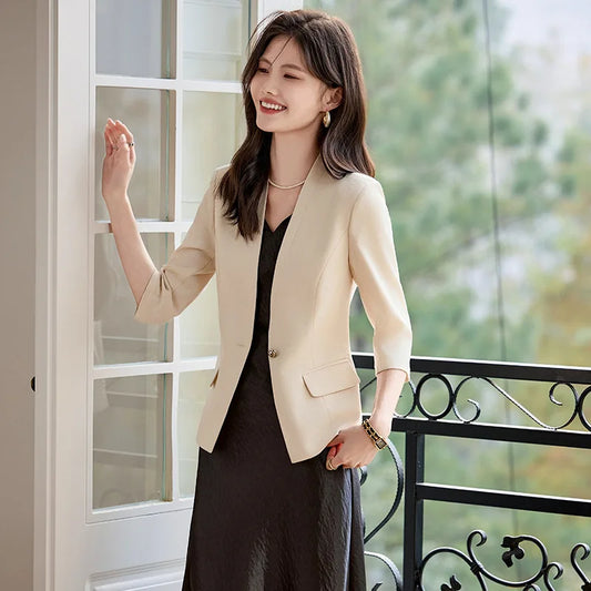Slim Fit Blazer for Women V-Neck Three Quarter Sleeve Single Button Office Jacket Temperament Formal Work Coat Fashion Ladies