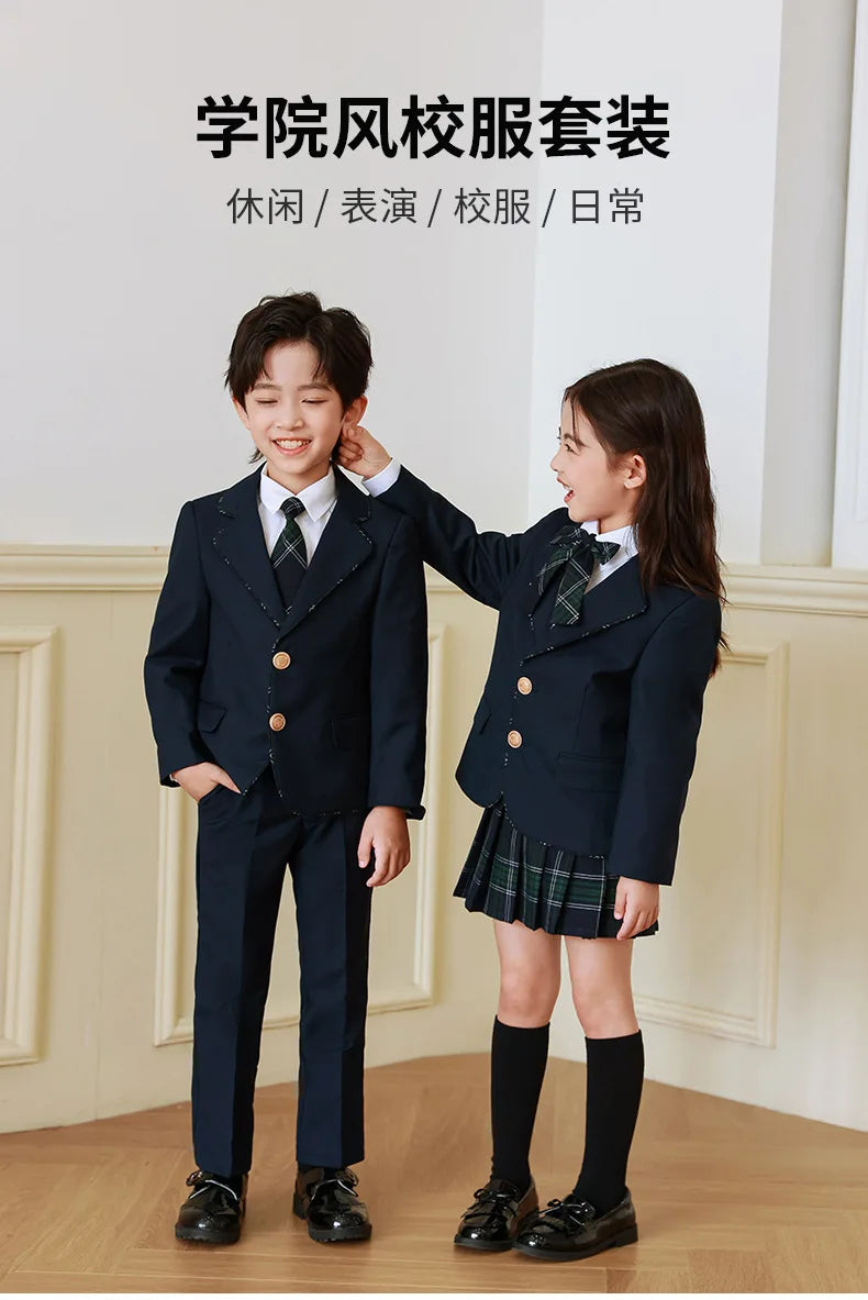 Children British School Uniforms Girls Preppy Jacket Pleated Skirts Boys Blazers Pants Suits Kids Teenage Student Clothes Sets