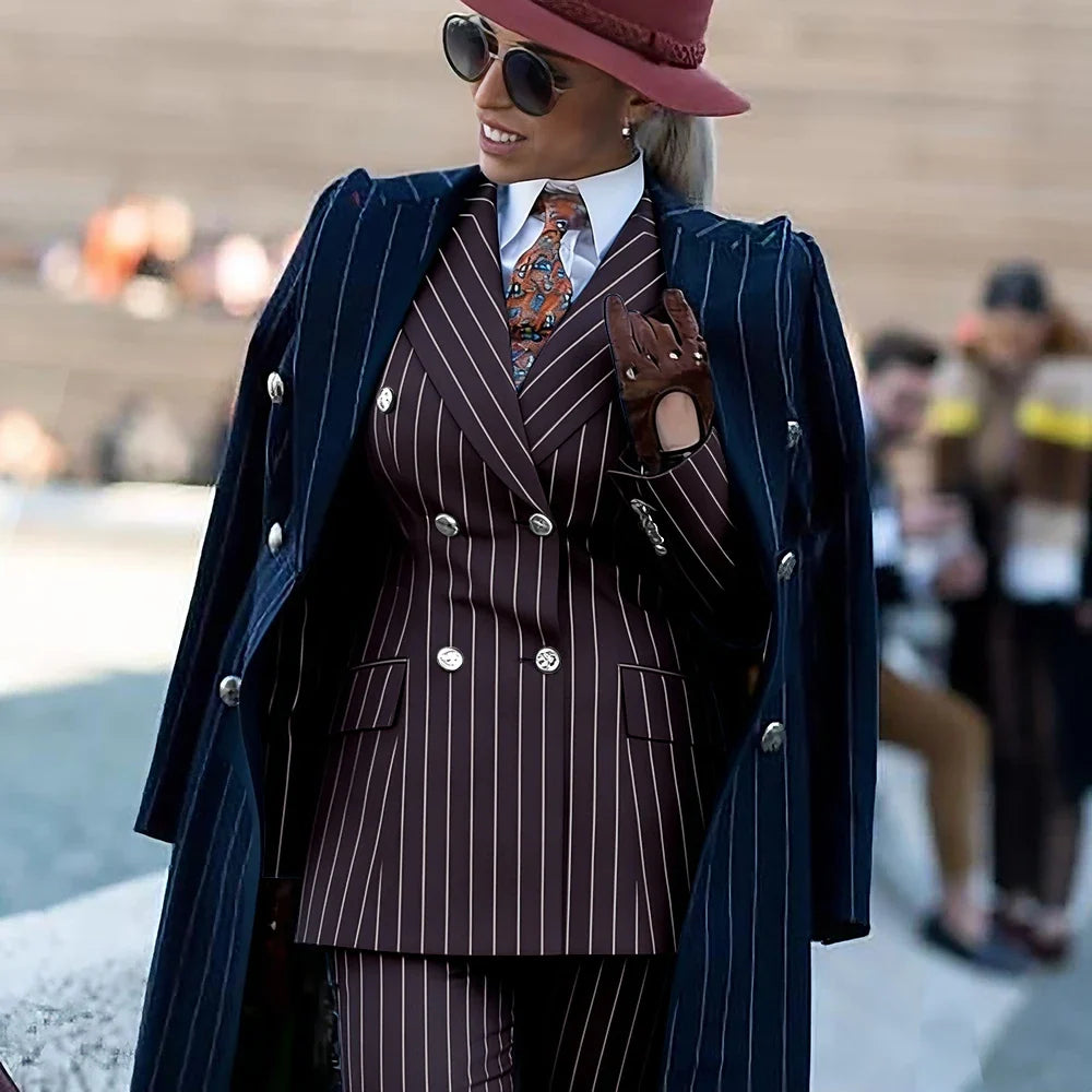 Formal Women's Burgundy Pinstripe Suit with Navy Blue Striped Coat Double Breasted 3Piece Set Elegant Evening Party Outerwears