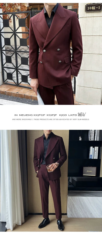 (Jackets+Pant)Fashion Double Breasted Design Men Suit Italian Style Luxury Elegant Business Social Wedding Dress Thick Suit 2Pcs