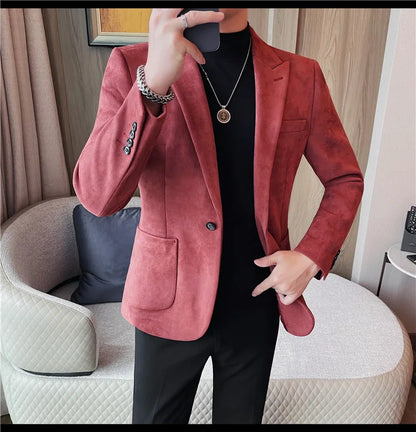 2024 Autumn Winter Men's Suede Suit Jacket High End Business Casual Blazers Slim Fit Wedding Groom Street Wear Social Dress Coat