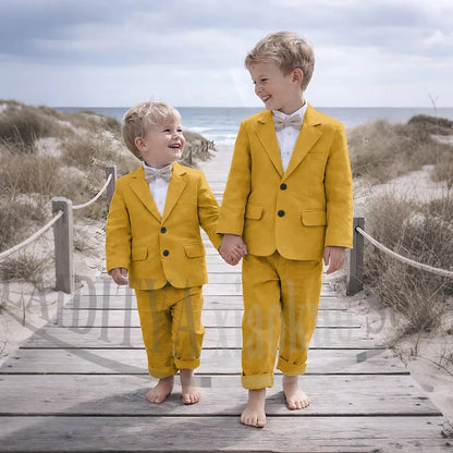 Beige Linen 2 Pieces Boys Suit Jacket Pants Kids Ring Bearer Outfit Breathable Summer Beach Wedding Birthday Party Costume