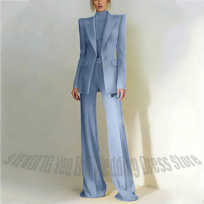 Women Pant Suit 2 Piece Set Office Female Business Work Formal Jacket Trouser One Button Chic Yellow Peaked Lapel Elegant Suit
