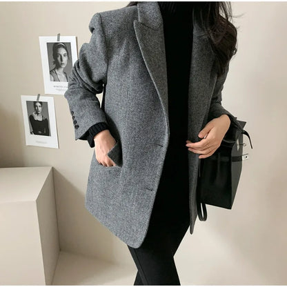 Women's Slim Fit Blazer Autumn Mid-Length Lapel Coat Contrast Cuff Detail Elegant Office & Commute Outerwear