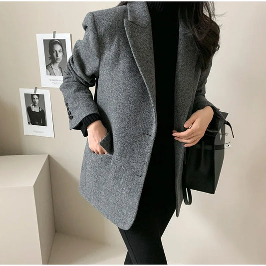Women's Slim Fit Blazer Autumn Mid-Length Lapel Coat Contrast Cuff Detail Elegant Office & Commute Outerwear